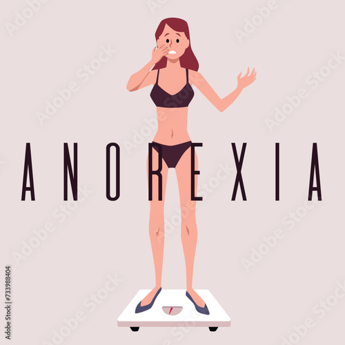 Anorexia vector poster, sad unhealthy skinny girl is standing on the weight, eating disorder, dieting and health problem