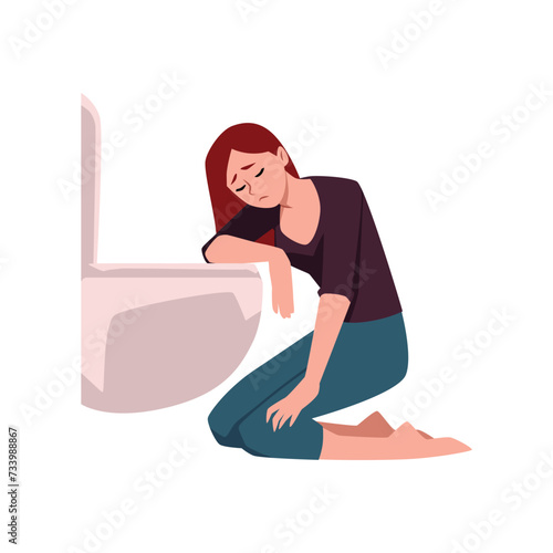 Sad unhealthy woman vomiting in toilet, Bulimia anorexia disease, Eating disorder nervosa health problem vector isolated photo