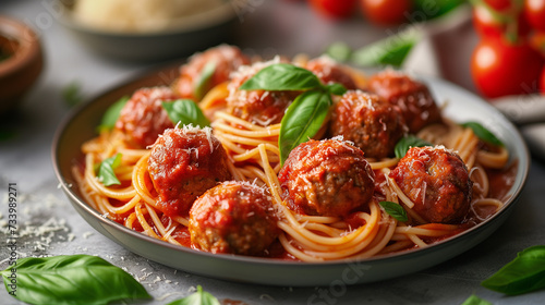 A delicious serving of spaghetti with meatballs.