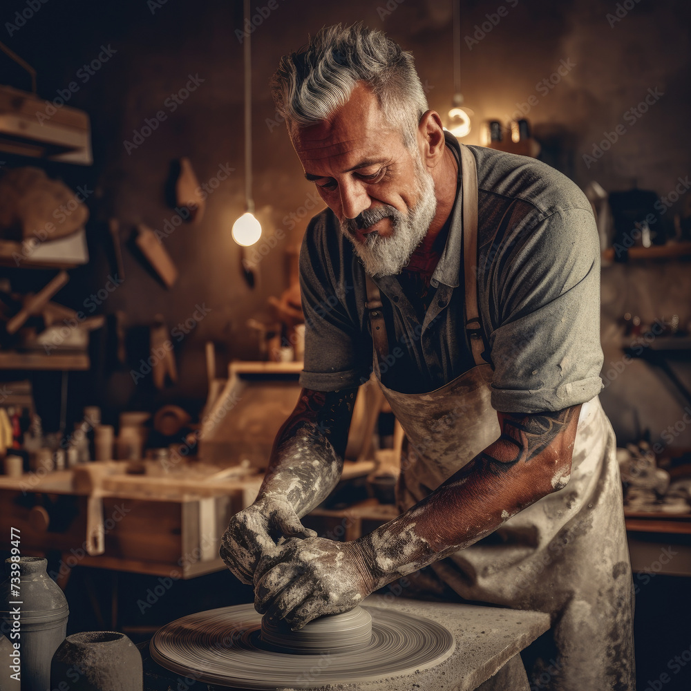 Man is making pottery on potter's wheel.