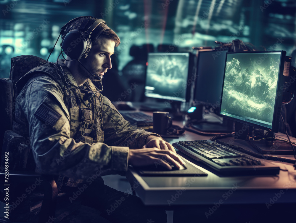Soldier in military uniform is working on computer. Soldier in military uniform is working on computer.