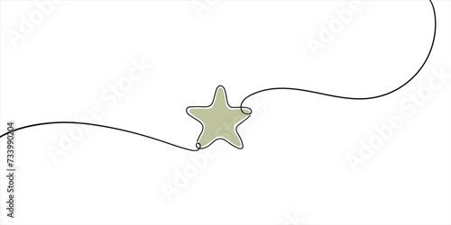 Green star drawn in line art style on a white background. Continuous line drawing. Vector illustration