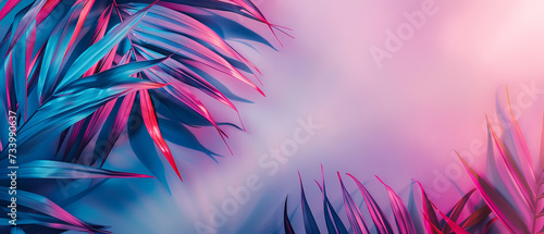 Palm leaf neon pink blue and purple, Background with tinted pink and blue palm leaves. Tropical leaves background. Colorful bright foliage Palm leaf wallpaper © Gasi
