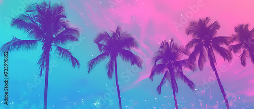 Bright neon landscape with sea and palm trees background.