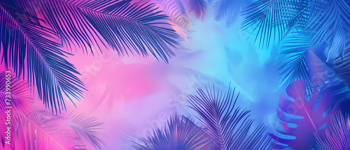 Bright neon landscape with sea and palm trees background. © Gasi
