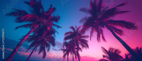 Bright neon landscape with sea and palm trees background. © Gasi