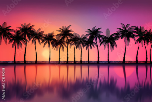 Bright neon landscape with sea and palm trees background. synthwave wallpaper style © Gasi