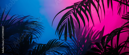 Bright neon landscape with sea and palm trees background. synthwave wallpaper style