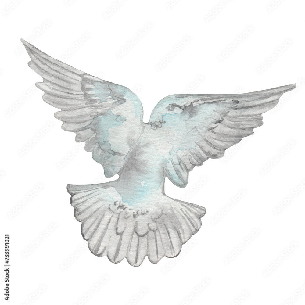 Flying white dove watercolor illustration. Christian.Symbol of peace. white Pigeon isolated on white backround Flying white dove watercolor illustration. Christian.Symbol of peace. white Pigeon isolated on white backround