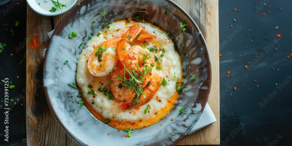 Savory Shrimp and Grits with Fresh Parsley. Seasoned shrimp on creamy grits, garnished with parsley, perfect for a Southern-style meal, copy space.