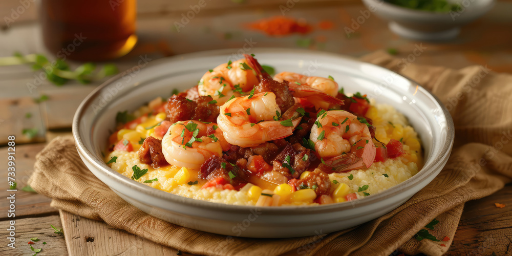 Savory Shrimp and Grits with Fresh Parsley. Seasoned shrimp on creamy grits, garnished with parsley, perfect for a Southern-style meal. Savory Shrimp and Grits with Fresh Parsley. Seasoned shrimp on creamy grits, garnished with parsley, perfect for a Southern-style meal.