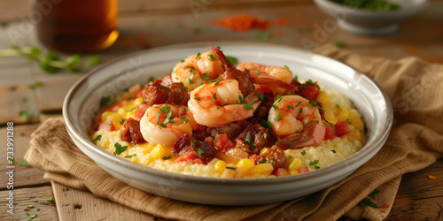 Savory Shrimp and Grits with Fresh Parsley. Seasoned shrimp on creamy grits, garnished with parsley, perfect for a Southern-style meal.