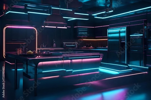 A retro-futuristic kitchen with vintage appliances juxtaposed with sleek  metallic surfaces and neon accents.