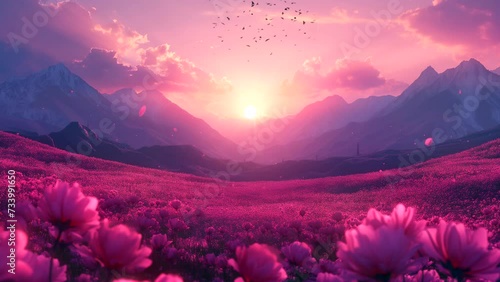 Sunset moment in a flower field with spring mountains in the background. seamless looping 4k time-lapse animation video background