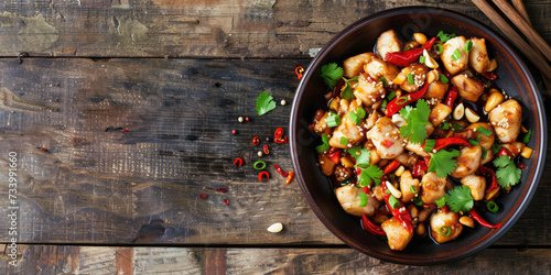 Spicy Kung Pao Chicken with Peppers and Sesame. Succulent Kung Pao Chicken garnished with green onions, red chili peppers, and sesame seeds, served in a bowl.
