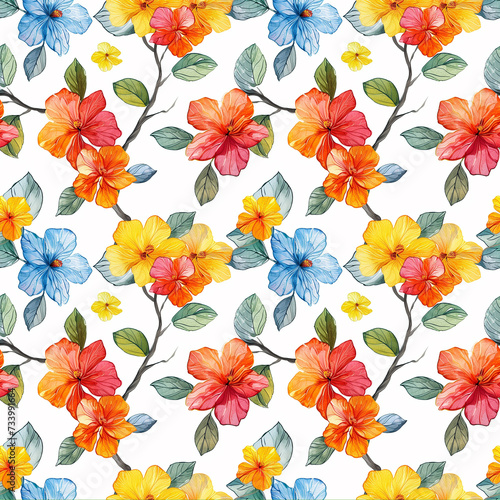 A tiled pattern of colorful aquarelle flowers