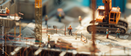 Miniature construction scene captures toy figures amidst a bustling build, invoking a microcosmic world of development and activity photo