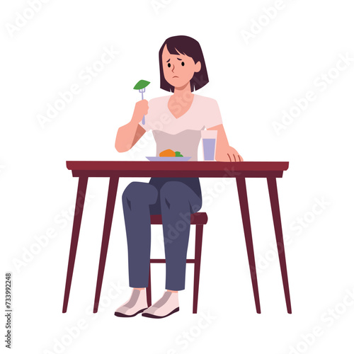 Sad woman eating salad with fresh vegetables, vector anorexia, eating disorder symptom, restrictive food intake disorder