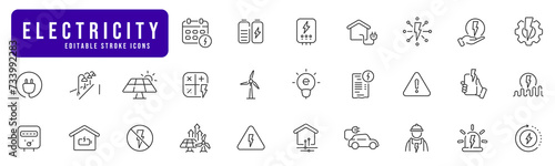 Electricity line icon set. Power, plug, battery, car, warning sign, lamp etc. Editable stroke