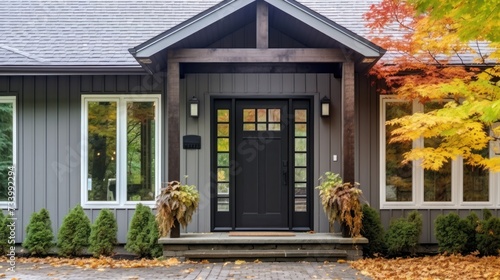 Valokuva A grey modern farmhouse front door with a covered porch, wood front door with glass window, and grey vinyl and wood siding