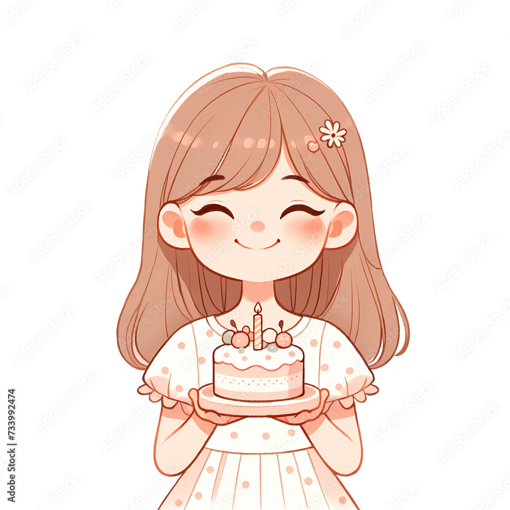 Cute girl with cake, happy birthday illustration isolated on white background Cute girl with cake, happy birthday illustration isolated on white background