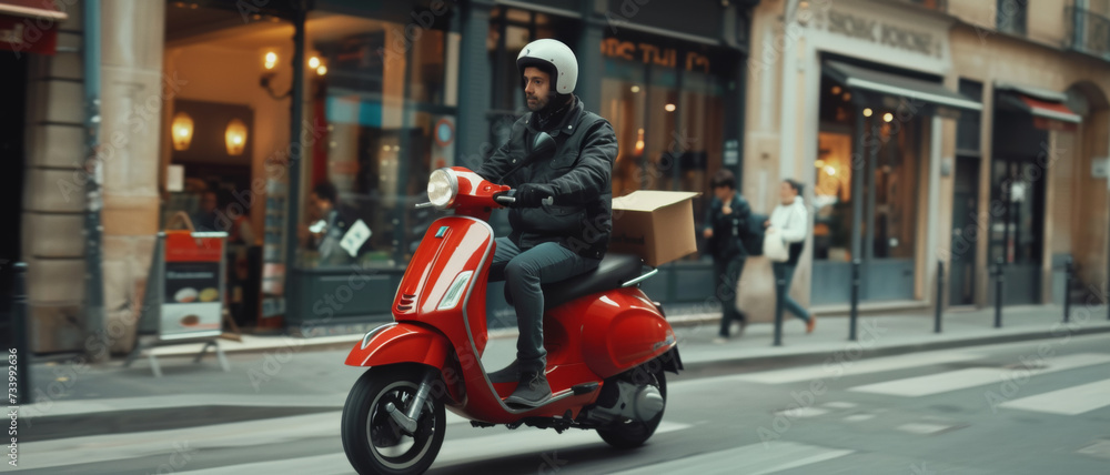 Delivery man in motion on a vibrant red scooter, navigating through city streets with a package, depicting urban logistics