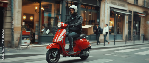 Delivery man in motion on a vibrant red scooter  navigating through city streets with a package  depicting urban logistics