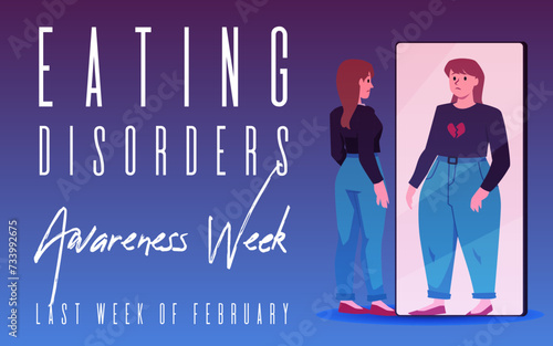 Eating disorder awareness week t vector banner, Anorexia, sad skinny woman is fat obesity in the mirror, mental health