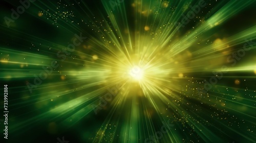 Asymmetric green light burst, abstract beautiful rays of lights on dark green background with the color of green and yellow, golden green sparkling backdrop with