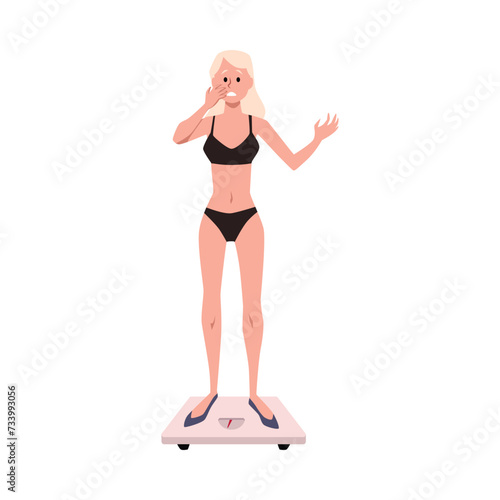 Sad unhealthy skinny girl is standing on the weight, vector Anorexia eating disorder concept, dieting and health problem