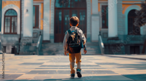 A 10-year-old child with a backpack, in a full-length school uniform, walks across the square to school, education concept