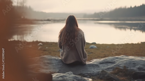 Back scene of woman alone with feeling lonely and depressed on blurred background of beautiful nature scenery.