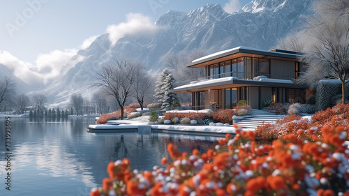Super modern luxury villa with lake and flowers blowing, spring season, sunlight, relaxing image, plants, modern house in the nature, perfect place for living, eco house