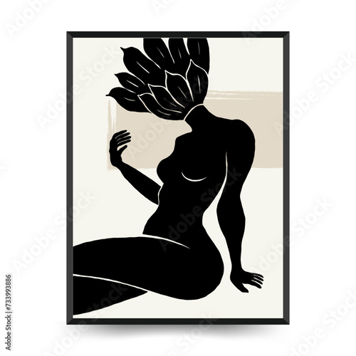 Modern Art Poster with body, women and flower. Matisse Abstract Set, Aesthetic Modern, Boho Decor, Minimalist, Illustration, Vector, Poster, Postcard. Aesthetic minimalist design. photo