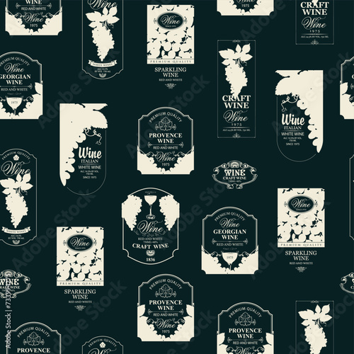Seamless pattern with ornate wine labels in retro style. Repeating vector background on the theme of wine and wineries. Suitable for vintage Wallpaper, wrapping paper, fabric