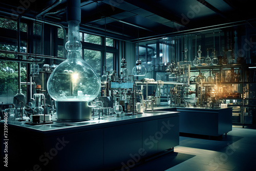Bright and spacious chemical lab with glassware and reagents on tables. Ideal for scientific research and experiments. © Klemenso