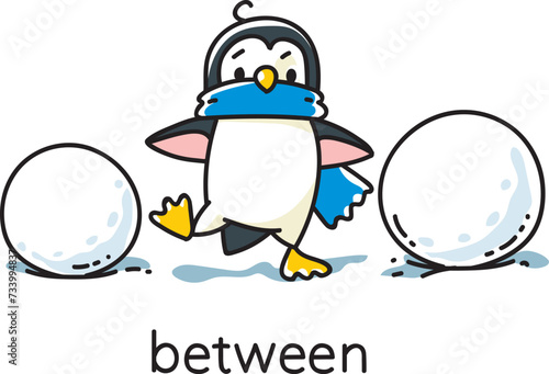 Preposition of place. Penguin go between snowballs