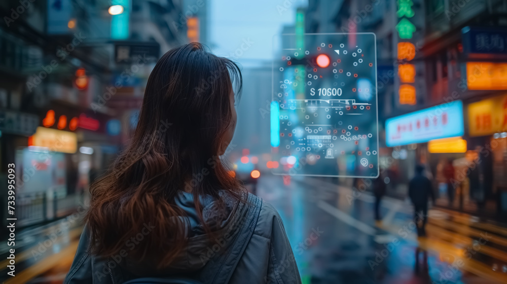 A girl standing and looking to the graphic, Meta verse, blue background, virtual reality and blockchain A girl standing and looking to the graphic, Meta verse, blue background, virtual reality and blockchain