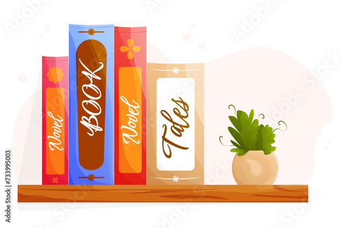 Books and a flower pot on a wooden shelf in cartoon style. Isolated books on a shelf with wooden texture on a white background in cartoon style.