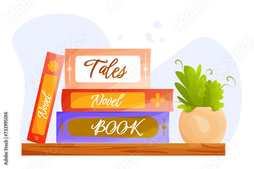 Books and a flower pot on a wooden shelf in cartoon style. Isolated books on a shelf with wooden texture on a white background in cartoon style. Sample. isolate. Place for text