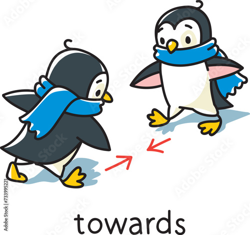 Preposition of movement. Two penguins go towards