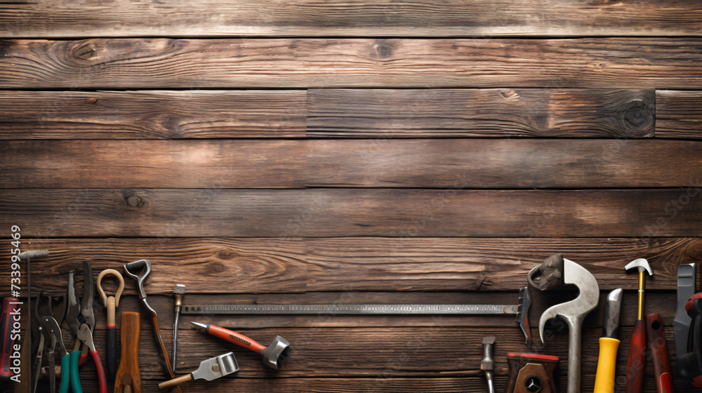 Rustic border over wood of assorted hand tools. - obrazy, fototapety, plakaty 