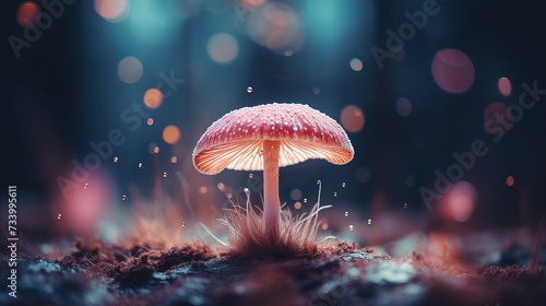Vibrant peach colored neon mushroom with beautiful bokeh lights in the background