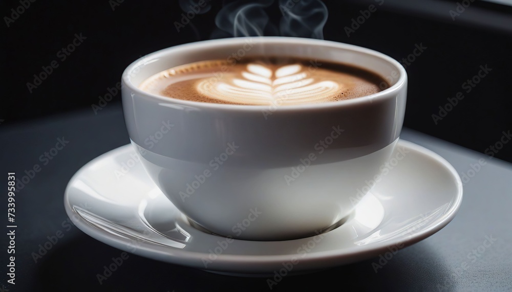 A coffee in a white cup with a dark background