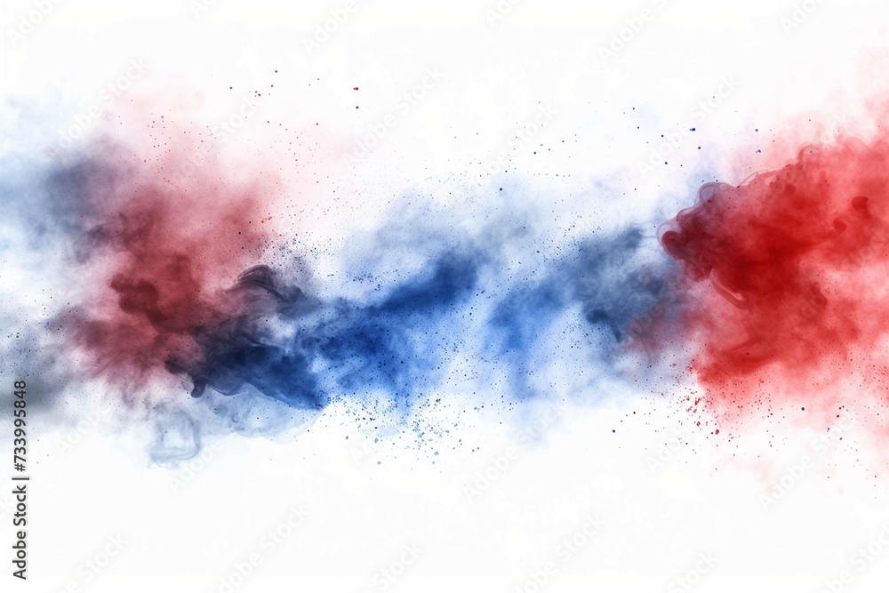 Labor day Red, White and Blue colored dust explosion background. Splash of American flag colors smoke dust on white background, Independence Day, Memorial Day patriotic abstract pattern