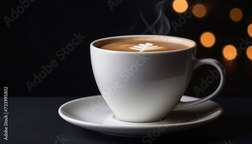 A coffee in a white cup with a dark background