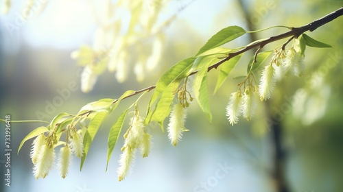 Willow branch with catkins in forest, blurred background, sunny weather symbol of easter holiday