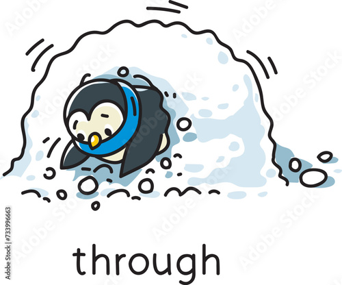 Preposition of movement. Penguin climb through a snowdrift.