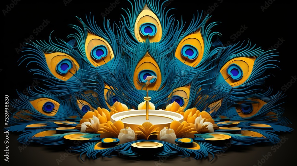 Colorful illustration of diya lamps and peacock feathers for thaipusam celebration