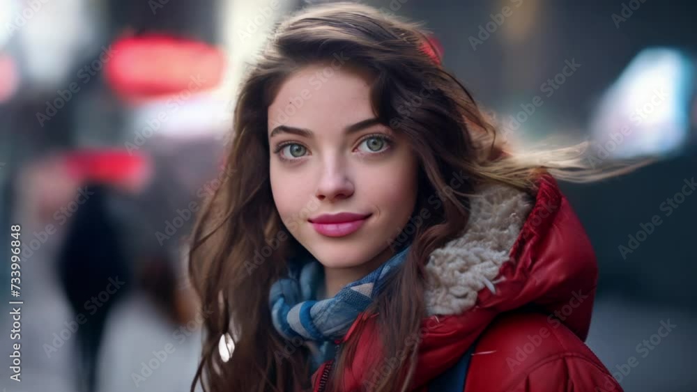 A smiling young woman in a red coat and scarf against a blurred city background.
A smiling young woman in a red coat and scarf against a blurred city background.